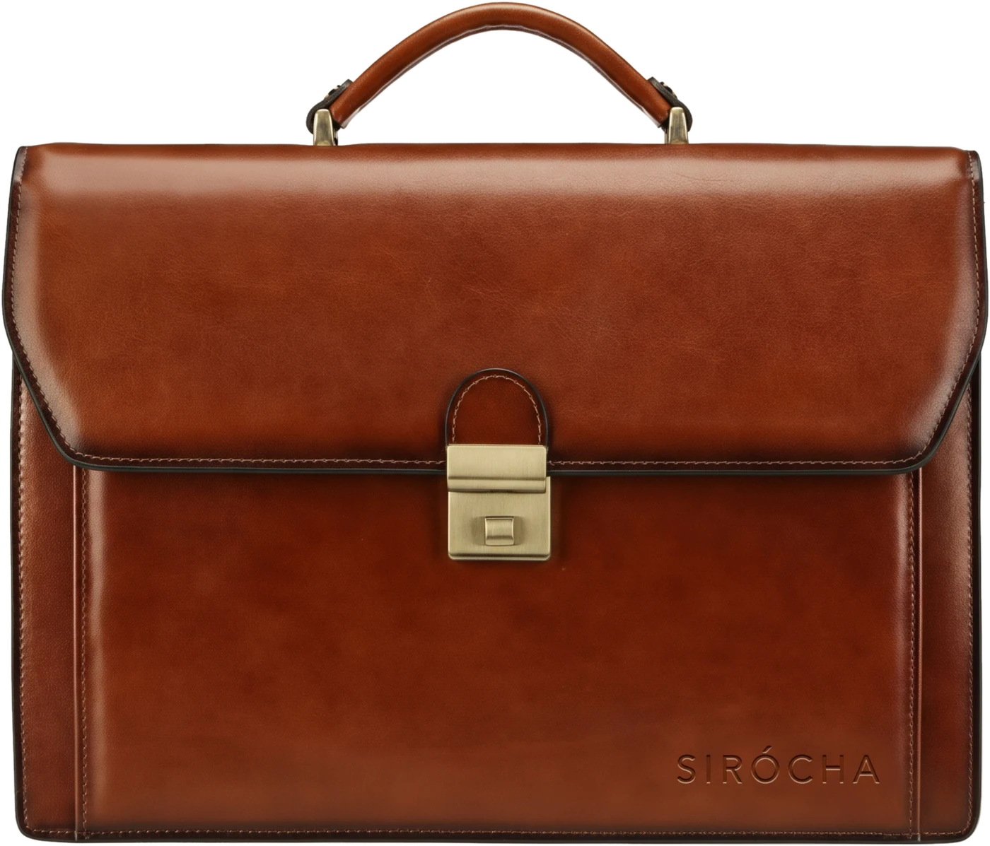 SIRÓCHA cognac leather briefcase with brass clasp and embossed logo
