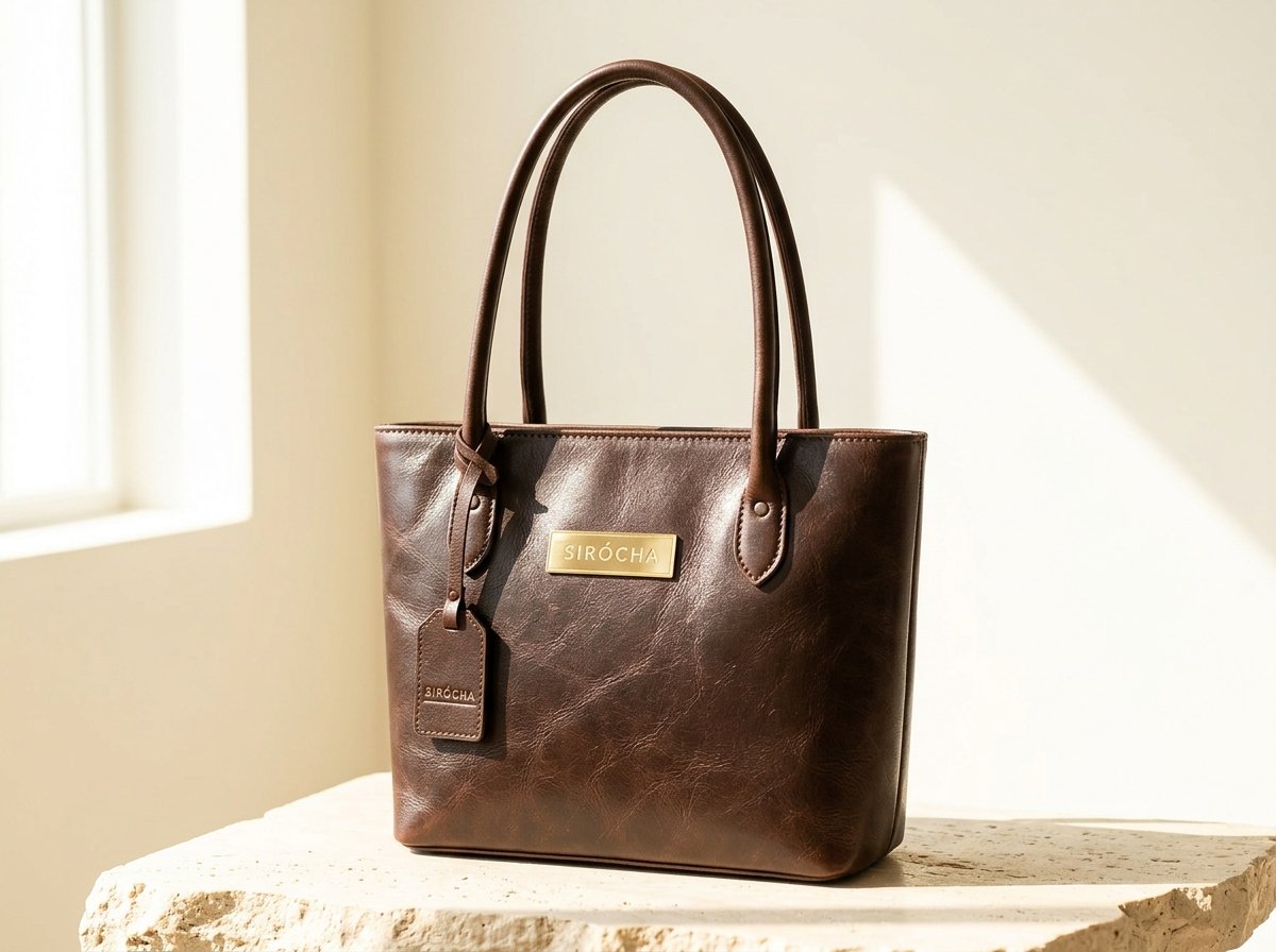 SIRÓCHA dark brown leather tote with brass name plate